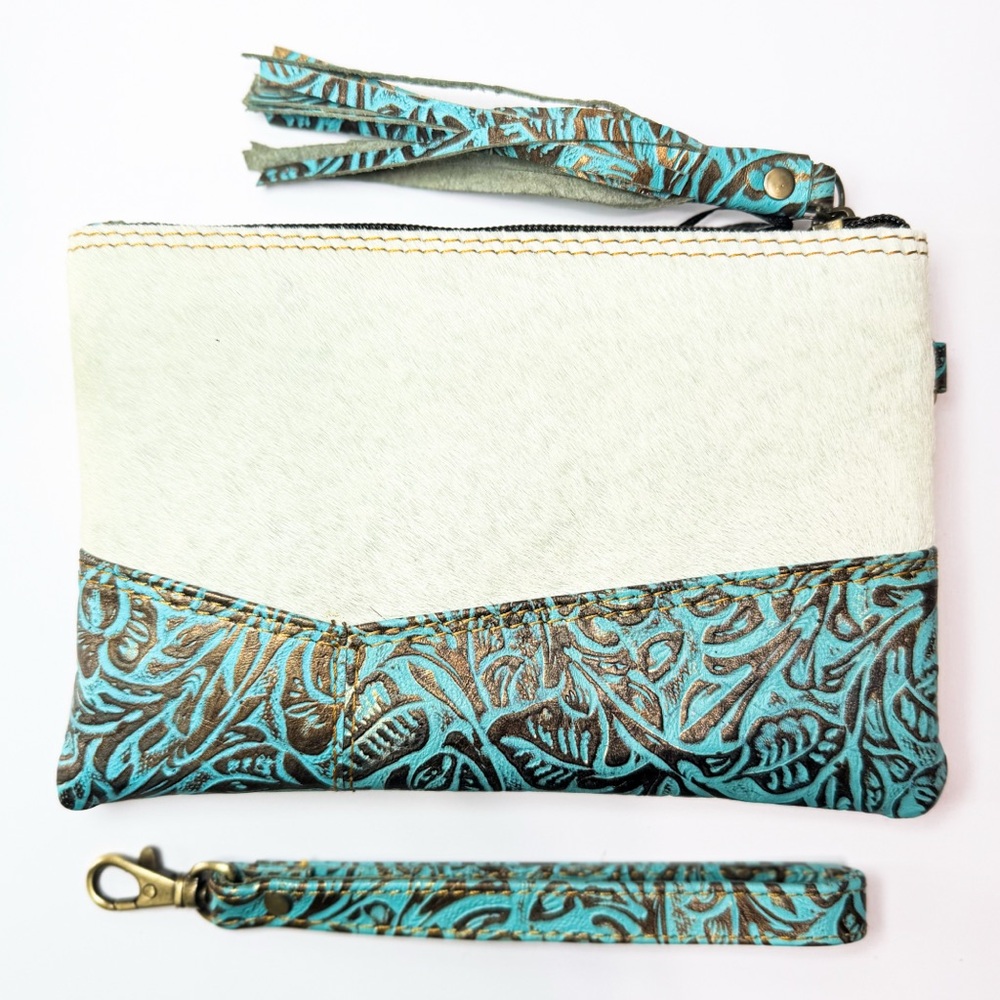Turquoise Embossed Leather & Cream Clutch Wristlet